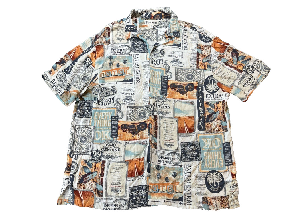 No Boundaries Men’s L Vintage Graphic Shirt Newspaper Patchwork Route 66 Retro